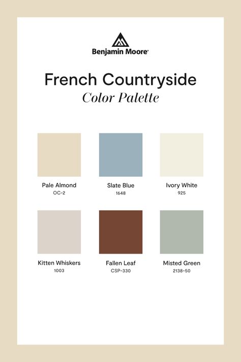 Transport yourself to the picturesque French countryside with this charming color palette. Inspired by the rolling vineyards, sun-drenched fields, and quaint villages, these colors capture the essence of French rustic elegance. Bring a touch of France into your home with these timeless hues. French Colour Palette, French Color Palette, Countryside Color Palette, Mid Century Modern Interior Design, Color Combinations Paint, French Kids, House Redesign, Exterior Stain, French Rustic