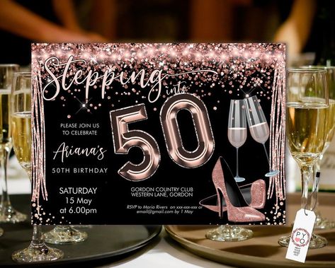 Stepping Into 50 Birthday Invitation Printable Template | Etsy Australia 50th Birthday Invitations For Women, Gold Lights, 40 Birthday, Champagne Party, 50th Birthday Invitations, 40th Birthday Invitations, 50th Party, Party Women, Some Text