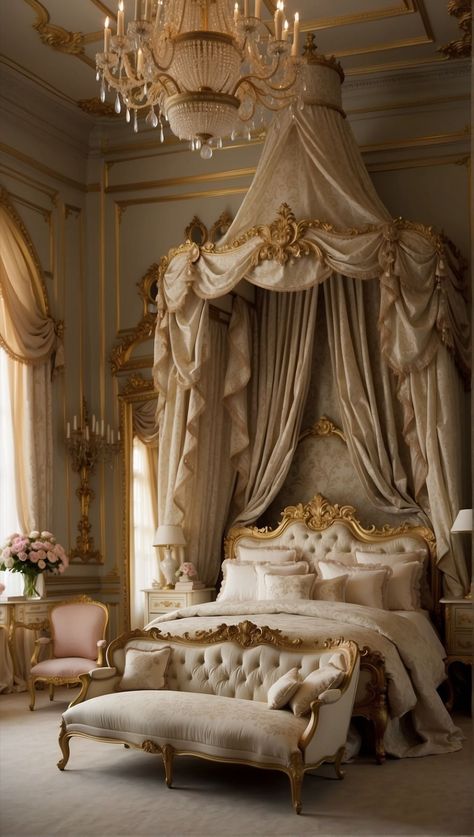 Regal Bedroom Ideas, Regency Era Room, Baroque Bedroom Ideas, Princess Bedroom Ideas For Women, Heaven Castle, Bedroom Design Ideas For Women, Victorian Beds, Royal Bedrooms, Baroque Bedroom