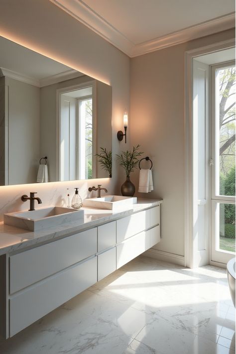 Elegant bathroom with marble double vanity and ambient lighting Bathroom Two Sinks, Bathroom Vanity Ideas Double Sink, 2 Sink Bathroom, Bathroom With Two Sinks, Double Sink Bathroom Ideas, Bathrooms Vanity, Floating Vanity Bathroom, Luxury Bathroom Vanities, Marble Bathroom Vanity