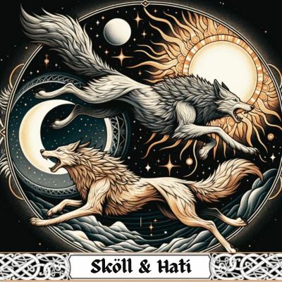 Who are Sköll and Hati? In the vast universe of Norse mythology, two wolves stand out for their predominant role and symbolism: Sköll and Hati. Before delving into the depths of their story, it is crucial to understand the context in wh Wolf Goddess, Odin Norse Mythology, Wolf Viking, Fenrir Tattoo, Skoll And Hati, Rune Symbols, Two Wolves, Norse Myth, Norse Tattoo