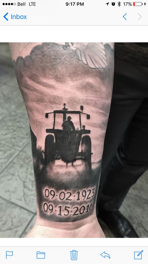 Tractor tattoo Farming Memorial Tattoos, Farm Related Tattoos, Farming Tattoos Ideas, Farm Tattoo Sleeve, Farmer Memorial Tattoo, Grandpa Remembrance Tattoos, Farming Tattoos For Guys, Farmers Tattoo, Tractor Tattoo Ideas