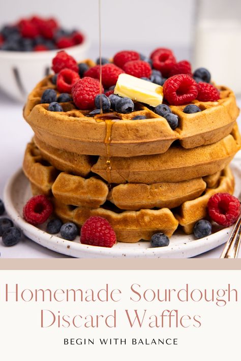 If you're looking for a way to use up your excess sourdough starter, these sourdough discard waffles are perfect for you! Top these crispy waffles with maple syrup and fresh berries for a tasty & simple breakfast. Sourdough Discard Waffles Overnight, Sourdough Discard Belgian Waffles, Sourdough Discard Recipes Waffles, Sourdough Belgian Waffles, Sourdough Discard Protein Waffles, Sourdough Waffles Discard, Sourdough Discard Waffles Quick, Sourdough Discard Waffles, Discard Waffles