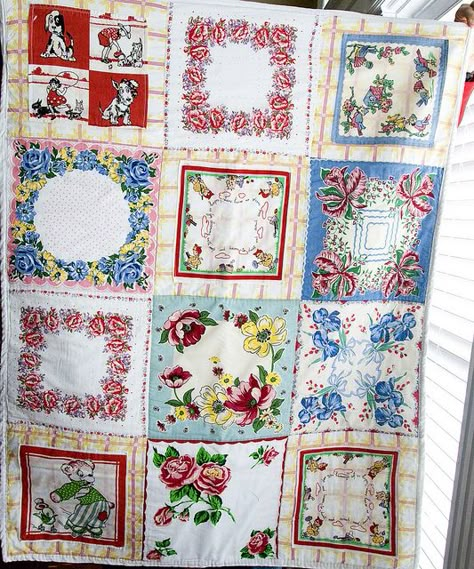 Vintage Hanke Quilt - I WILL be making one of these! Free Baby Quilt Patterns, Handkerchief Crafts, Vintage Hankies, Baby Quilt Patterns, Beginner Sewing Projects Easy, Diy Spring, Vintage Handkerchiefs, Vintage Sheets, Easy Sewing Projects