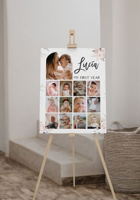 Modern 1st Birthday Photo Collage Sign 12 Month Photo Collage - Etsy 1st Birthday 12 Months Of Pictures, 12 Month Birthday Board, 12 Months Baby Pictures Ideas, First Year Photo Board, 1st Birthday Photo Collage, Bday Themes, 12 Month Photos, 1st Birthday Photo, Birthday Photo Collage