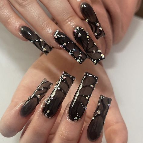 Black Butterfly Nails, Long Black Nails, Black Marble Nails, Black Ombre Nails, Solar Nails, Nails Valentines, Butterfly Nails, Black Acrylic Nails, Nail Effects