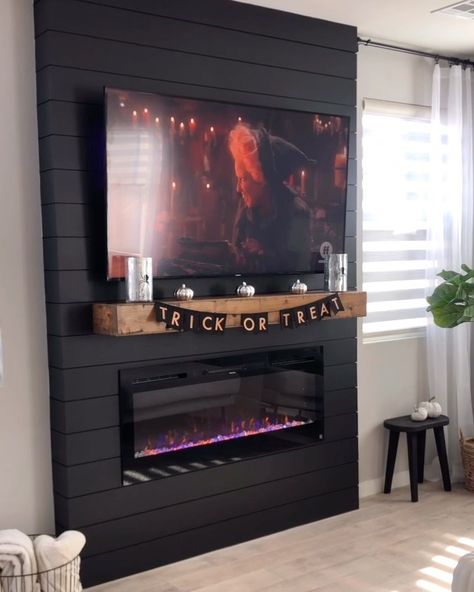 Before and after - Black shiplap buildout. Mounted our tv, mantel and electric fireplace! Tv Mantel, Black Shiplap, Remodel Fireplace, Electric Fireplace With Mantel, Basement Fireplace, Build A Fireplace, Fireplace Tv Wall, Shiplap Fireplace, Fireplace Remodel