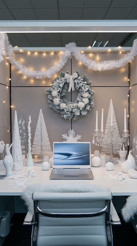 10 Christmas Desk Decor Ideas for Office Let It Snow Cubicle Decorations, Christmas Cubicle Decorations Simple, Decorate Office Christmas, Winter Wonderland Office Decorations Diy, Winter Wonderland Desk Decorations, Desk Decor Ideas Office Cubicle Christmas, Reception Christmas Decorations Office, Christmas Desk Decor Ideas, Winter Wonderland Office Decor