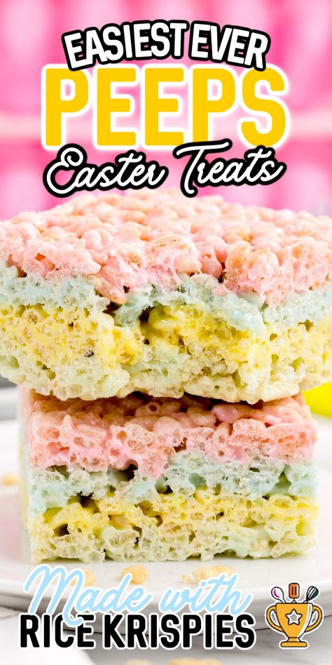 These Rice Krispie squares with Peeps are a delightful sprinkle of fun to your spring dessert lineup, featuring beautiful pastel layers and colors. Peeps Rice Krispie Treats Recipe, Peeps Rice Krispie Treats, Peeps Treats, Marshmallow Squares, Rice Krispie Treats Recipe, Spring Dessert, Krispie Treats Recipe, Easter Desserts, Marshmallow Treats