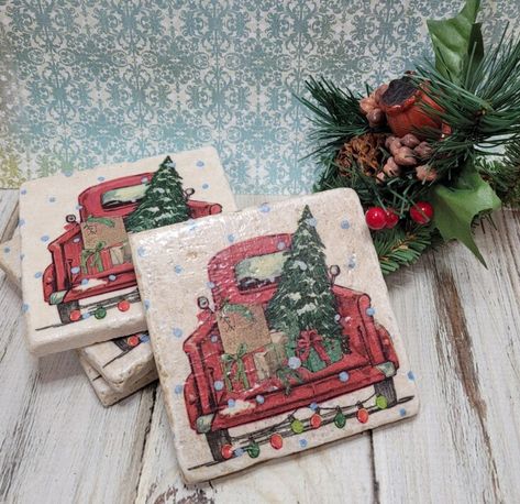 Diy Christmas Coasters – Red Farm Truck Christmas Coasters Diy, Diy Christmas Coasters, Funnel Tree, Christmas Wagon, Ceramic Tile Crafts, Travertine Tiles, Holiday Coasters, Wood Trees, Christmas Napkin