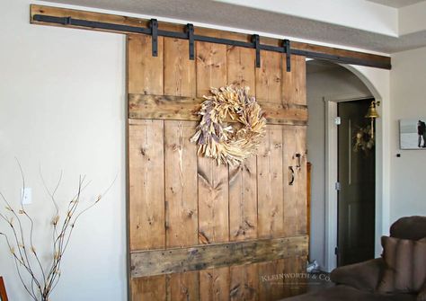 This Wide Rustic Barn Door is 6 feet wide & made for extra large doorways. It's incredibly simple to make & adds functionality & rustic charm to your home. Diy Barn Door Plans, Barn Door Projects, Indoor Barn Doors, Building A Barn Door, Door Plan, Barn Door Designs, Rolling Barn Door, Rustic Barn Door, Interior Painting