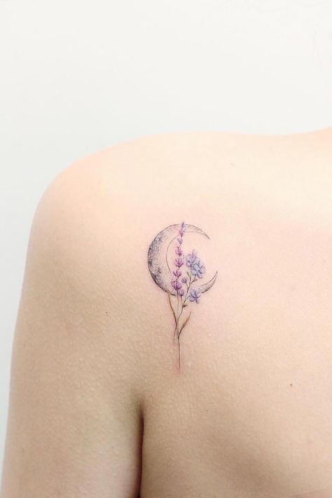 Autumn Moon Tattoo, Flower Crescent Moon Tattoo, Full Moon And Flower Tattoo, Moon And Lavender Tattoo, Elegant Moon Tattoo, Half Moon Tattoo With Flowers, Colorful Moon Tattoo, Full Moon Tattoo Designs For Women, Woman Moon Tattoo