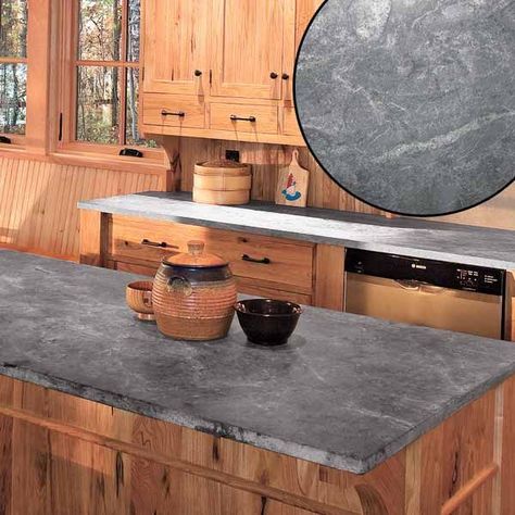 unoiled gray soapstone countertop in rustic kitchen Soapstone Countertops Kitchen, Rustic Countertops, Soapstone Kitchen, Outdoor Kitchen Countertops, Soapstone Countertops, Outdoor Kitchen Design Layout, Rustic Kitchen Design, Granite Countertops Kitchen, Countertop Materials