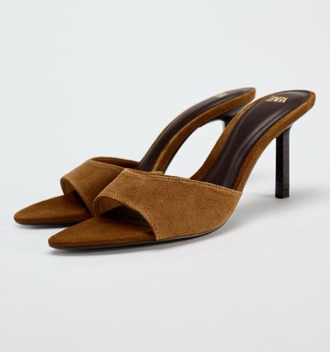 Leather Heels Sandals, Women's Mules, Dark Tan, Womens Mules, Zara Shoes, Suede Sandals, Suede Heels, Heeled Sandals, Stiletto Heel