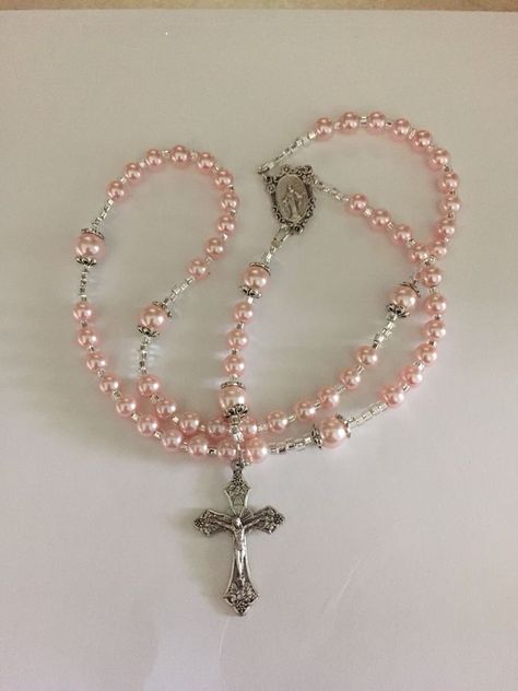 Pink Rosary Aesthetic, Rosary Necklace Aesthetic, Pink Rosary, Our Father Who Art In Heaven, Handmade Rosary, Catholic Decor, Hat Aesthetic, Pearl Rosary, Rosary Necklace