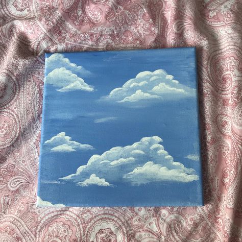 A simple acrylic painting. Blue sky with clouds, painting inspiration. Toy story vibes :) Aesthetic Clouds Painting, Blue Painting Aesthetic Easy, Blue Sky Clouds Painting, Blue Sky Painting Easy, Blue Sky Painting Acrylic, Clouds Painting Aesthetic, Blue Art Aesthetic Painting, Cloud Painting Aesthetic, Cloud Painting Easy