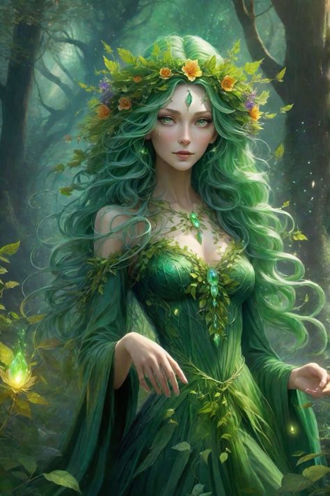 Forest Woman Art, Goddess Of Nature Fantasy Art, God Of Nature Fantasy Art, Nature Goddess Character Design, Forest Goddess Art, Nature Goddess Art, Earth Goddess Art, Earth Fairies, Plant Goddess