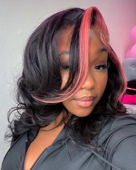 Pink hair jet black hair wig skunk stripe side part coloured wig black girl brown skin girl Black Wig Pink Skunk Stripe, Pink Skunk Stripe, Wig Installs, Skunk Stripe, Black Wig, Bob Wig, Jet Black, Dyed Hair, Wigs