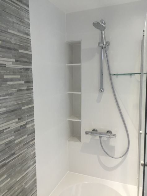 Shower Alcove Shelf, Recess Shower Shelf, Vertical Shower Niche With Shelves, Vertical Niche Bathroom, Shower Recessed Shelf, Shower Alcove Ideas, Corian Bathroom Showers, Shelf In Shower Wall, Built In Shower Shelves