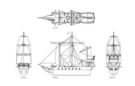 Pirate Ship - Free CAD Drawings Ship Blueprint, Pool Houses Plans, House Plans Design, Floor Plans House, One Storey House, Swimming Pool House, House Plans 3 Bedroom, 2 Bedroom House Plans, Courtyard House Plans