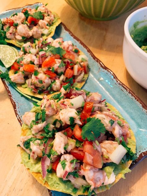 Ceviche Shrimp Tostadas, Shrimp Ceviche Tacos, Grilled Shrimp Ceviche, Tostada Recipes Shrimp, Fish Tostada Recipes, Authentic Mexican Tostadas, Ceviche Shrimp Puerto Rican, Shrimp Civeche Recipe Mexican, Civeche Recipe Shrimp Mexican