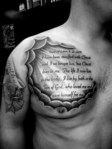 Galatians 2 20 Bible verse chest tattoo for men Bible Verse Tattoos For Men Forearm Scriptures, Verse Tattoos For Men, Bible Verse Tattoos For Men, Chest Tattoo Quotes, Lion Chest Tattoo, Chest Tattoos For Men, Collar Bone Tattoo For Men, 20 Tattoo, Tattoo On Chest