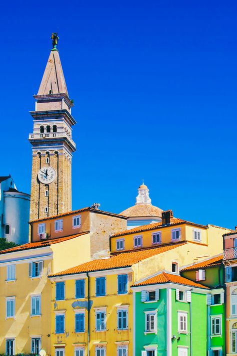 Guide To Piran Slovenia: A Venetian Jewel On the Adriatic Coast Piran Slovenia, Slovenia Travel, Adriatic Coast, Pastel House, Bell Tower, Southern Europe, Voyage Europe, Easy Day, Europe Travel Destinations