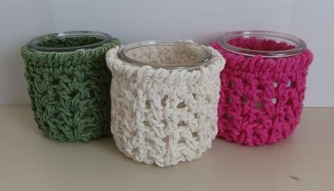 Oui Jar Cozy Here is a quick and easy crochet cozy pattern for a Oui yogurt jar. Great yogurt (peach is my favorite) and the little jar is so cute! These little jars can be recycled for all kinds of uses: jewelry jar, tiny flower pot, small votive candle holder, Christmas decoration, drawer organizer, cotton swab holder, paint jar, paper clip holder and the list goes on. Pinterest has many pictures and ideas on how to reuse these yogurt jars. Materials: 100% cotton yarn G/4.00 mm hook Tapestry n Small Votive Candle Holders, Oui Yogurt, Cotton Swab Holder, Yogurt Jars, Paper Clip Holder, Crochet Jar Covers, Mason Jar Cozy, Crochet Tunic Pattern, Reverse Single Crochet