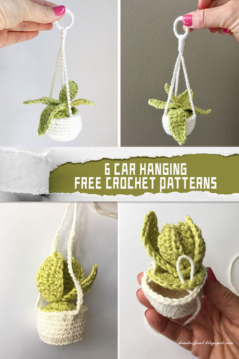 6 Car Hanging Crochet Patterns - FREE - iGOODideas.com Car Crochet Accessories Pattern, Crochet Hanging Basket Pattern Free Easy, Crochet Small Plant Hanger, Crochet Rear View Mirror Accessories Free Pattern, Car Mirror Crochet Free Pattern, Crochet Succulent Car Hanger, Crochet Air Freshener Covers, Free Crochet Car Decor Patterns, Free Crochet Patterns Car Accessories