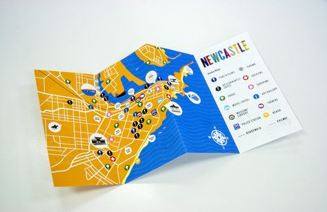 Newcastle Guide Map by Alex Frew, via Behance Pocket Guide Design, Tourist Guide Design, Guide Map Design, Location Map Design Graphics, Creative Map Design, Map Brochures, Advanced Typography, Trifold Brochure Design, Amazing Maps