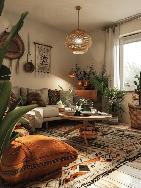 Boho Bold Living Room, Cozy Home Decor Ideas Living Room, Urban Boho Living Room Decor, Cozy Rugs Living Room, Modern Boho Living Room Grey Couch, Modern Boho Living Room Inspiration, Cozy Clean Living Room, Boho Interior Design Living Room, Living Boho Chic