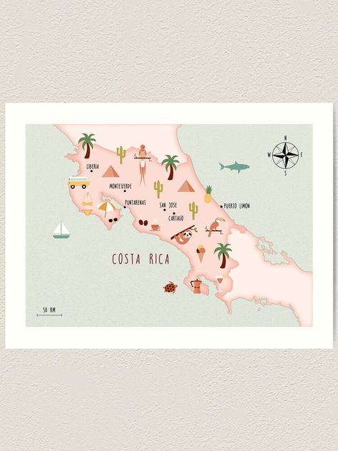 Illustrated map of Costa Rica Art Print Puerto Limon, Costa Rica Map, Costa Rica Art, Puntarenas, Poster Shop, Illustrated Map, Costa Rica, Art Print, Map