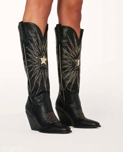 Constance by Billini is a long statement cowboy boot. Step out in style with this high-impact embroidered western boot. Featuring; mid stacked block heel closed pointed toe structured upper statement western inspired embroidery side pull tabs synthetic upper, lining and outsole Available in Black-Gold Metallic and Go Active Tights, Black Cowboy Boots, Star Boots, Black Cowboy, Western Boot, Cowboy Boot, Sandals Brands, Black Star, Black Metallic