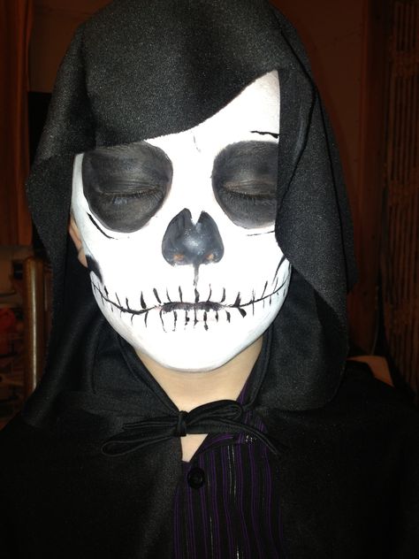 Cody as the Grim Reaper - Halloween 2013 Simple Skeleton Makeup Kids, Grim Reaper Makeup Kids, Grim Reaper Face Paint, Easy Skeleton Makeup Diy Kids, Skeleton Facepainting Kids, Grim Reaper Face Paint For Kids, Skelton Faces Makeup Kids, Skeleton Makeup Diy, Grim Reaper Makeup