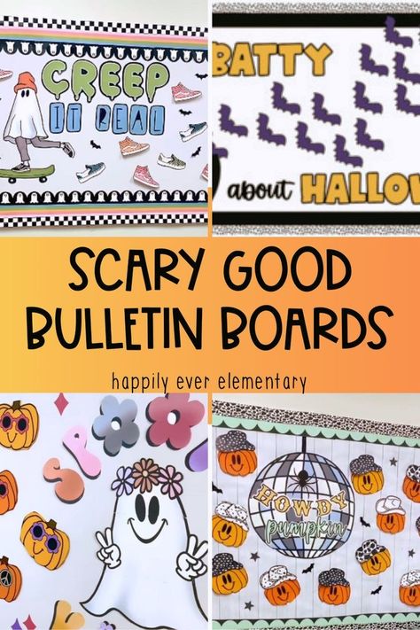 Get ready for fall vibes! Our 'Scary Good Bulletin Boards. Happily Ever Elementary' is your one-stop-shop for all things October. We bring you the best Halloween bulletin board ideas and fall-inspired bulletin boards designed to make your school year more festive and inspiring. Halloween Bulletin Board Ideas, October Bulletin Boards, Elementary Bulletin Boards, October School, Art Bulletin Boards, Halloween Bulletin Boards, Bulletin Board Design, Fall Bulletin Boards, Halloween Mantle