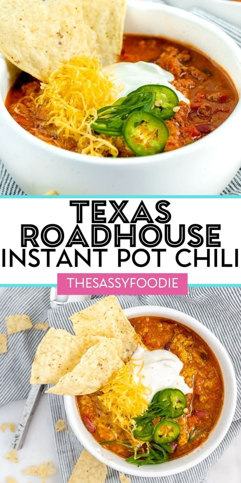 This Texas Roadhouse chili is the ultimate comfort food on a cool day. While chili typically takes hours to simmer and develop those deep, rich flavours we all know and love, this chili comes together in just 40 minutes in the Instant Pot! Served with homemade jalapeño corn bread, comfort food has never been easier. Insta Pot Chili Recipes Easy, Texas Chili Instant Pot, Homemade Chili Recipe Instant Pot, Chili Recipe Pressure Cooker Easy, Big Pot Of Chili, Instant Pot No Bean Chili, Copycat Texas Roadhouse Chili Recipe, Instapot Chilli Recipe Easy, Cowboy Chili Recipe Pioneer Woman