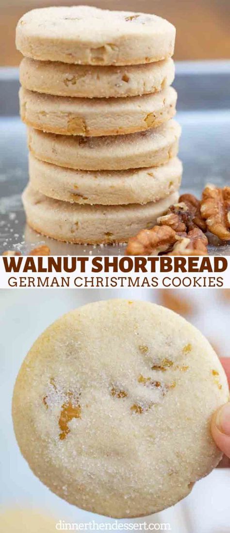 German Walnut Shortbread Cookies made in a traditional shortbread style with coarsely chopped chunks of walnuts, these are the perfect Christmas cookies. #shortbread #cookies #walnuts #baking #dessert #christmas #dinnerthendessert Christmas Cookies Shortbread, Walnut Shortbread Cookies, Walnut Shortbread, Cookies Shortbread, German Christmas Cookies, German Cookies, Dinner Then Dessert, German Desserts, German Baking