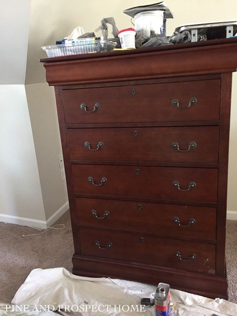 Dark Wood Bedroom Furniture Redo, Mahogany Dresser Makeover, Refinishing Dresser, Wood Dressers Makeover, Cherry Wood Dresser, Dark Wood Dresser, Dark Wood Bedroom Furniture, Pine And Prospect Home, Pine And Prospect