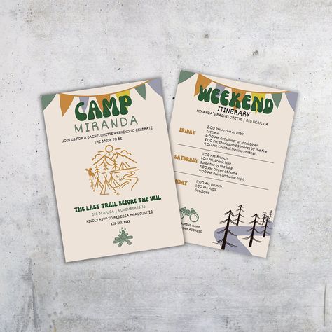 Camp Bachelorette Itinerary Template, Glamping Lake Bachelorette, Girls Weekend Invite, Summer Camp Bach, Camping Bachelorette Party Invite Glamping Bachelorette Party, Camping Bachelorette Party, Lake Bachelorette, Camp Bach, Camping Bachelorette, Bachelorette Party Invite, Bachelorette Itinerary, Retro Camping, Coding Apps