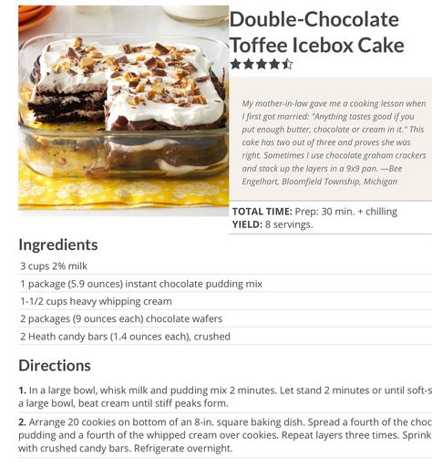 Double Chocolate Toffee Icebox Cake, Refrigerator Desserts, Dessert Board, Bake Goods, Chocolate Graham Crackers, Dessert Boxes, Chocolate Toffee, Icebox Cake, Cake Bars