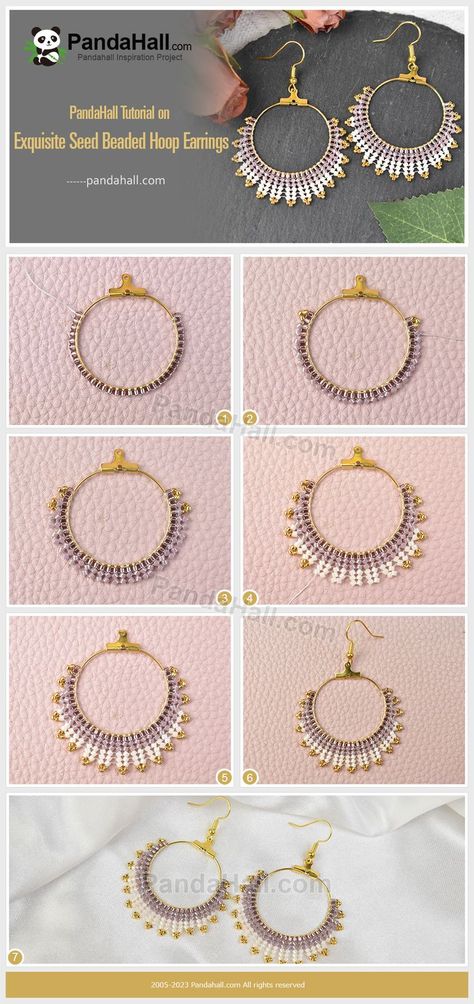 #PandaHall Exquisite Seed Beaded Hoop #Earrings.Let's make it together! Click to buy the materials~🥰There are many discounts now~ #diy #beading#beadedjewelry Seed Bead Jewelry Tutorials, Diy Earrings Materials, Hoop Earrings Diy, Seed Bead Jewelry Patterns, Beaded Jewelry Earrings, Diy Beading, Miyuki Delica Beads, Beaded Earrings Tutorials, Beaded Earrings Diy