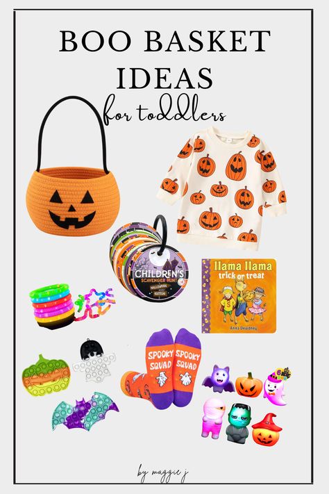 This pin gives people a boo basket idea to create for their toddlers this Halloween season. The pins text includes Boo Basket Ideas for kids.This pin includes pictures of a pumpkin basket, pumpkin sweatshirt, light up bracelets, child's scavenger hunt cards, a kids book, Halloween socks, Halloween themed popits and Halloween themed bath toys. Simple Boo Basket, Halloween Toddler Books, Boo Basket Ideas, Halloween Activities For Toddlers, Halloween Gift Baskets, Halloween Traditions, Boo Basket, Fun Treats, Toddler Books