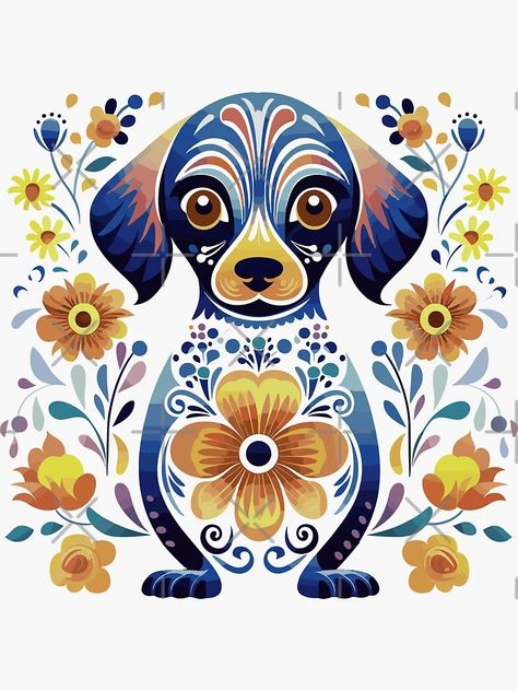 "Puppy Folk Art" Sticker for Sale by ImprintMage | Redbubble Folk Art Dogs, Dog Folk Art, Folk Art Animals, Scandinavian Illustration, Arte Folk, Folk Art Flowers, Adorable Puppy, Furniture Painting, Dog Illustration