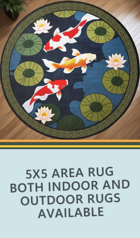 Round koi fish pond rug, 5x5 size, featuring an illustration of colorful carp and lotus flowers, suitable for indoor or outdoor use. Pond Rug, Fish Rug, Tufting Ideas, Koi Fish Pond, Green Border, Lotus Flowers, Needle Punch, Fish Pond, Koi Pond