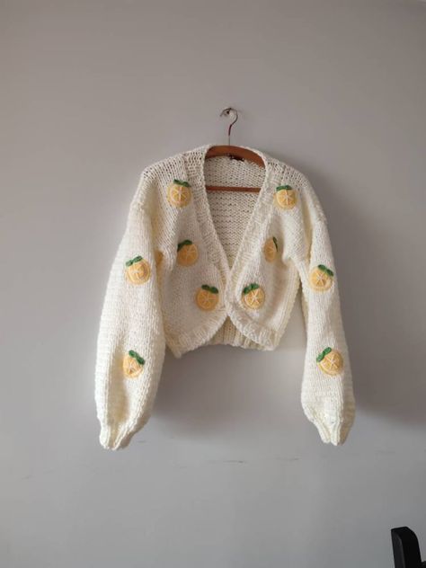 Lemon Slice Embroidery Woman Trendy Cardigancotton or Acrylic - Etsy Australia Embroidery Woman, Trendy Cardigans, Embroidery Sweater, Cropped Knit Sweater, Cute Cardigans, Lemon Slice, Oversized Knitted Sweaters, Crochet Cardigan Pattern, Cardigan Pattern