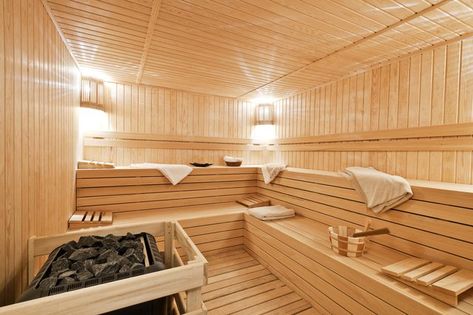 A dry sauna with all of the accessories at the ready. Jodhpur Rajasthan, Sauna Benefits, Dry Sauna, Sauna Steam Room, Sauna Design, Steam Bath, Sauna Room, Shower Cabin, Steam Showers