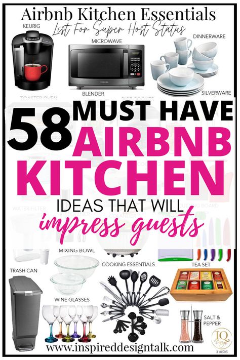 Best Airbnb Design, Fully Furnished House, Airbnb Stocking List, Kitchen Airbnb Ideas, Air Bnb Kitchen Essentials, Air Bnb Supply List, Air Bnb List, Bed And Breakfast Kitchen Ideas, Airbnb Supply Closet