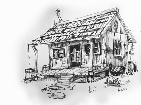 Old Shack Drawing, Abandon House Drawing, Old House Sketch, Old House Drawing, House Sketches, Small House Drawing, Cartoon Pencil Drawing, Drawing Scenery, Pencil Sketch Drawing