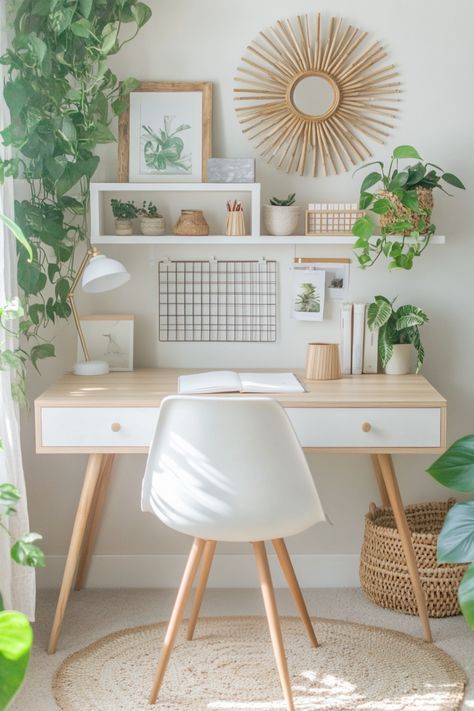 boho home office Boho Style Desk, Boho Work Desk Decor, Soft Office Aesthetic, Office Set Up At Home, Boho Office Chair, Work From Home Office Aesthetic, Boho Desk Ideas, Office Ideas Boho, Aesthetic Desk Decor Ideas