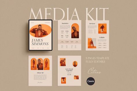 The CITRUS MEDIA KIT TEMPLATE is a fresh, aesthetically-designed collection of 5 fully customizable pages built for Canva. This template empowers influencers, bloggers, UGC creators, and content creators to present their information to brands in a clear, professional, and engaging manner.  Featuring 5 ready-to-use Canva templates, the CITRUS MEDIA KIT TEMPLATE offers a streamlined way to showcase your brand's value effectively.   
.#CanvaTemplates #SocialMediaDesign #InstagramIdeas #PinterestTemplates #CreativeCanva Media Kit Design, Influencer Media Kit, Etsy Photography, Media Kit Template, Canvas Learning, Pinterest Templates, Press Kit, Helping Hand, Portfolio Templates